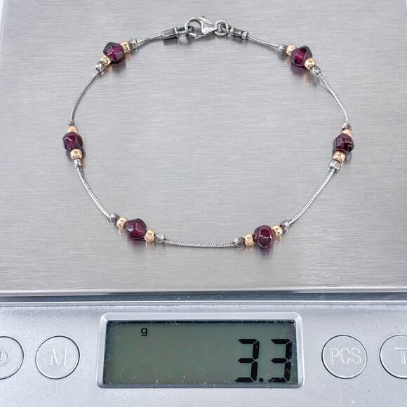 Vintage Sterling Silver 925 | Garnet Beaded Bracelet 7.5" - Picture 7 of 7